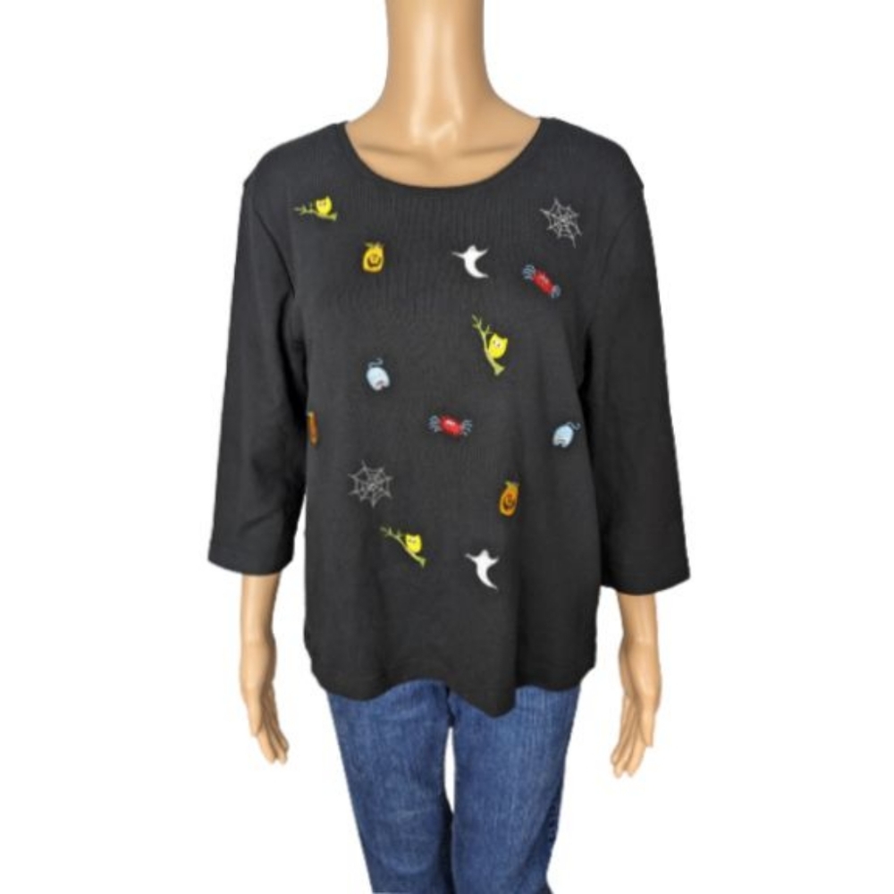 Onque Casuals Black Halloween Print Top L